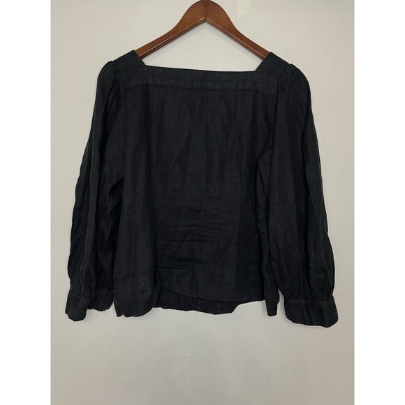 J Crew Square Neck Button Up Linen Top Womens Medium Black Puff Sleeve Blouse - Picture 6 of 6